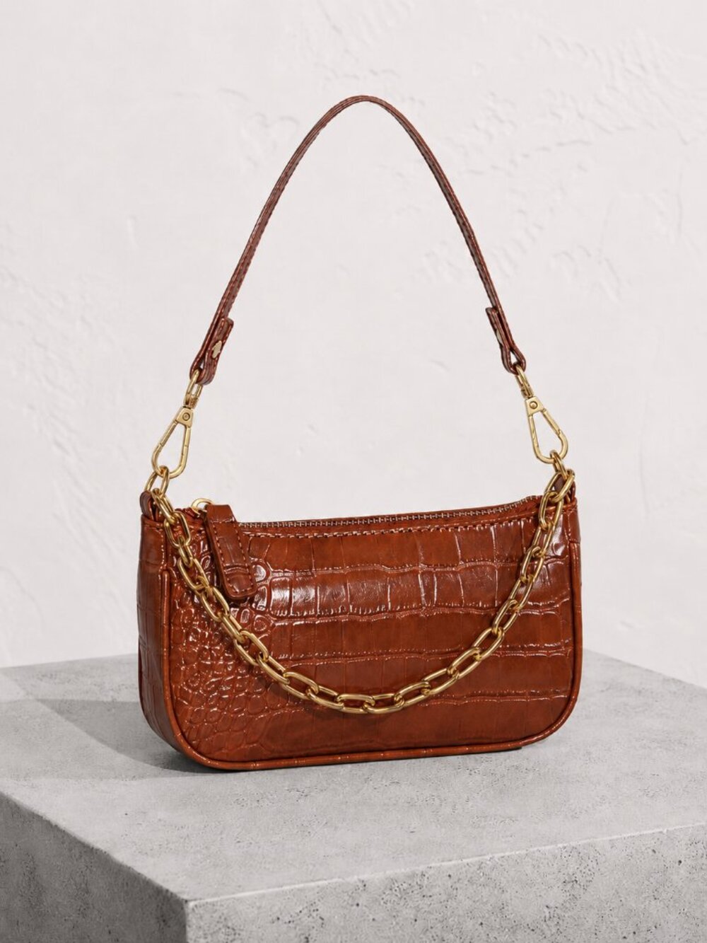 Cognac Patent Croc Embossed Leather Shoulder Bag Gold Chain NWT